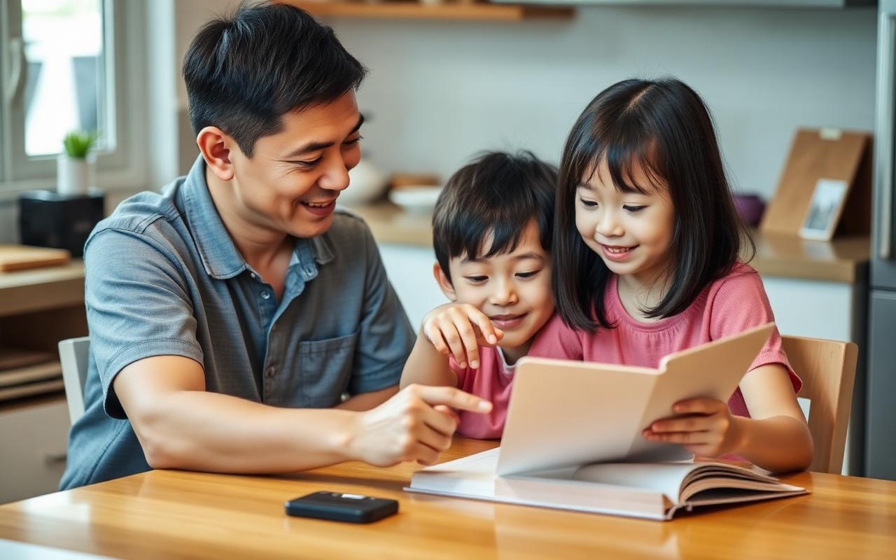 A parent reviewing science homework with their child at home